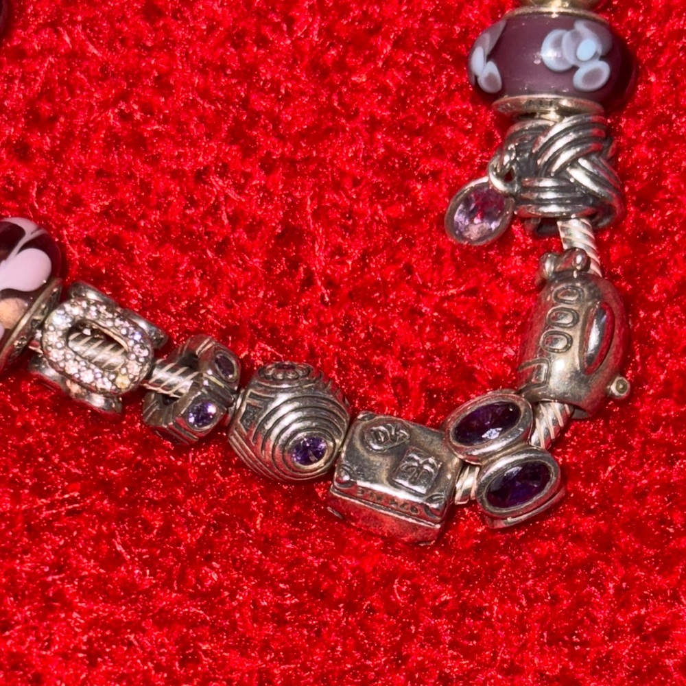 Pandora Silver and Purple Charm Bracelet with Iridescent Beads - Picture 3 of 9
